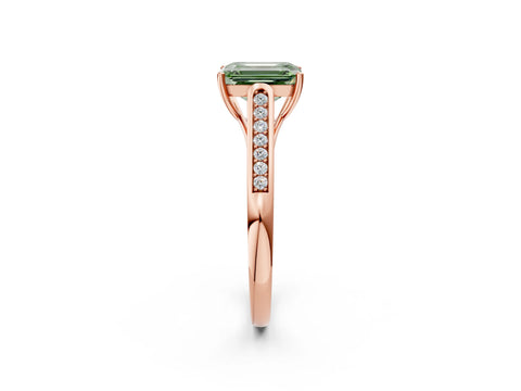 Rose gold Fancy Green Emerald Cut Solitaire Cathedral Diamond Engagement Ring with Channel-Set Band and Four-Prong Setting_5