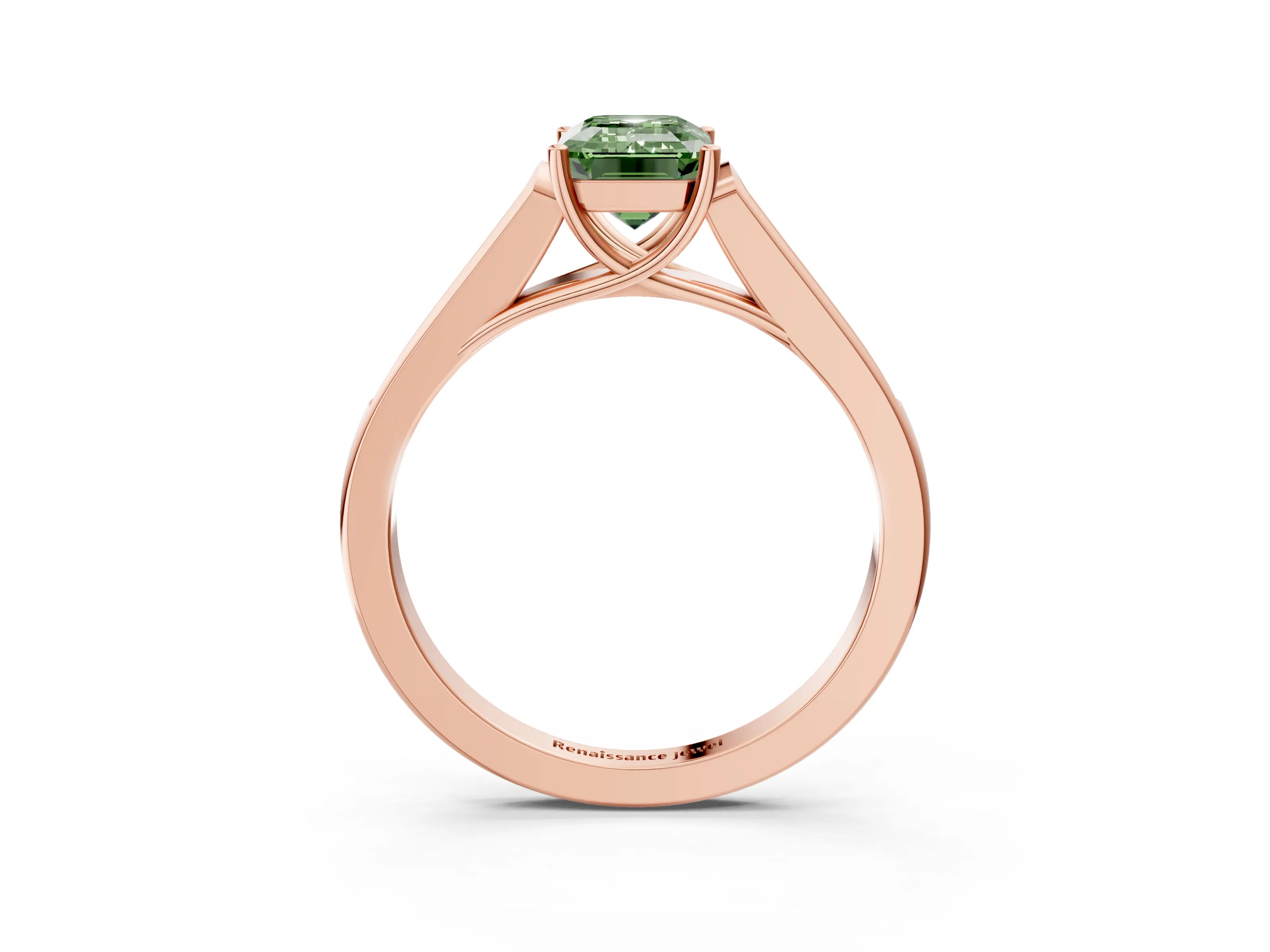 Rose gold Fancy Green Emerald Cut Solitaire Cathedral Diamond Engagement Ring with Channel-Set Band and Four-Prong Setting_6