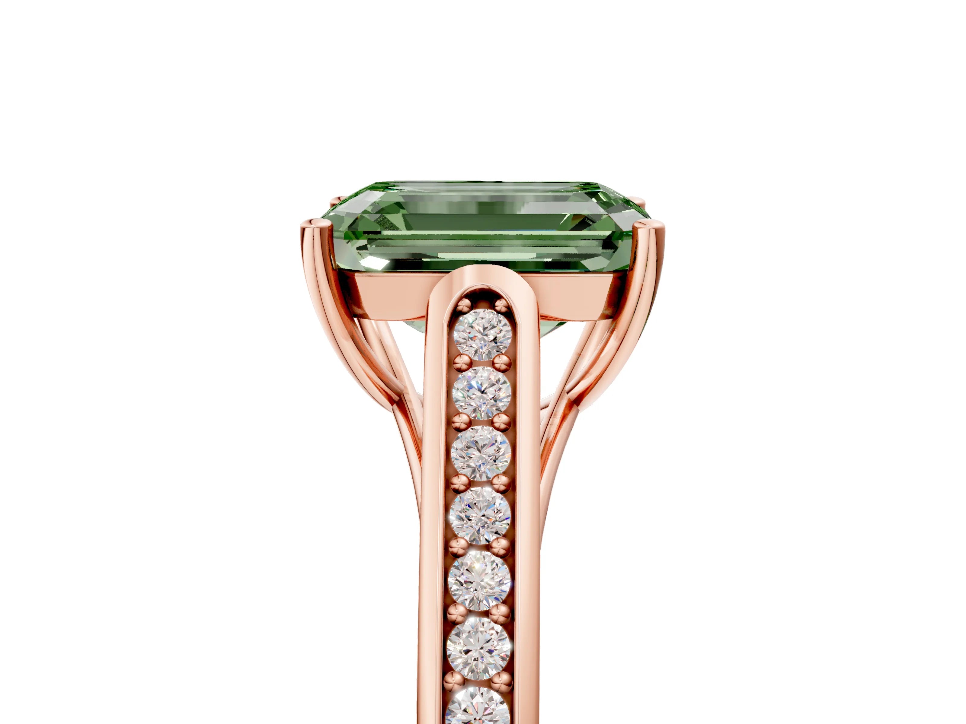Rose gold Fancy Green Emerald Cut Solitaire Cathedral Diamond Engagement Ring with Channel-Set Band and Four-Prong Setting_8