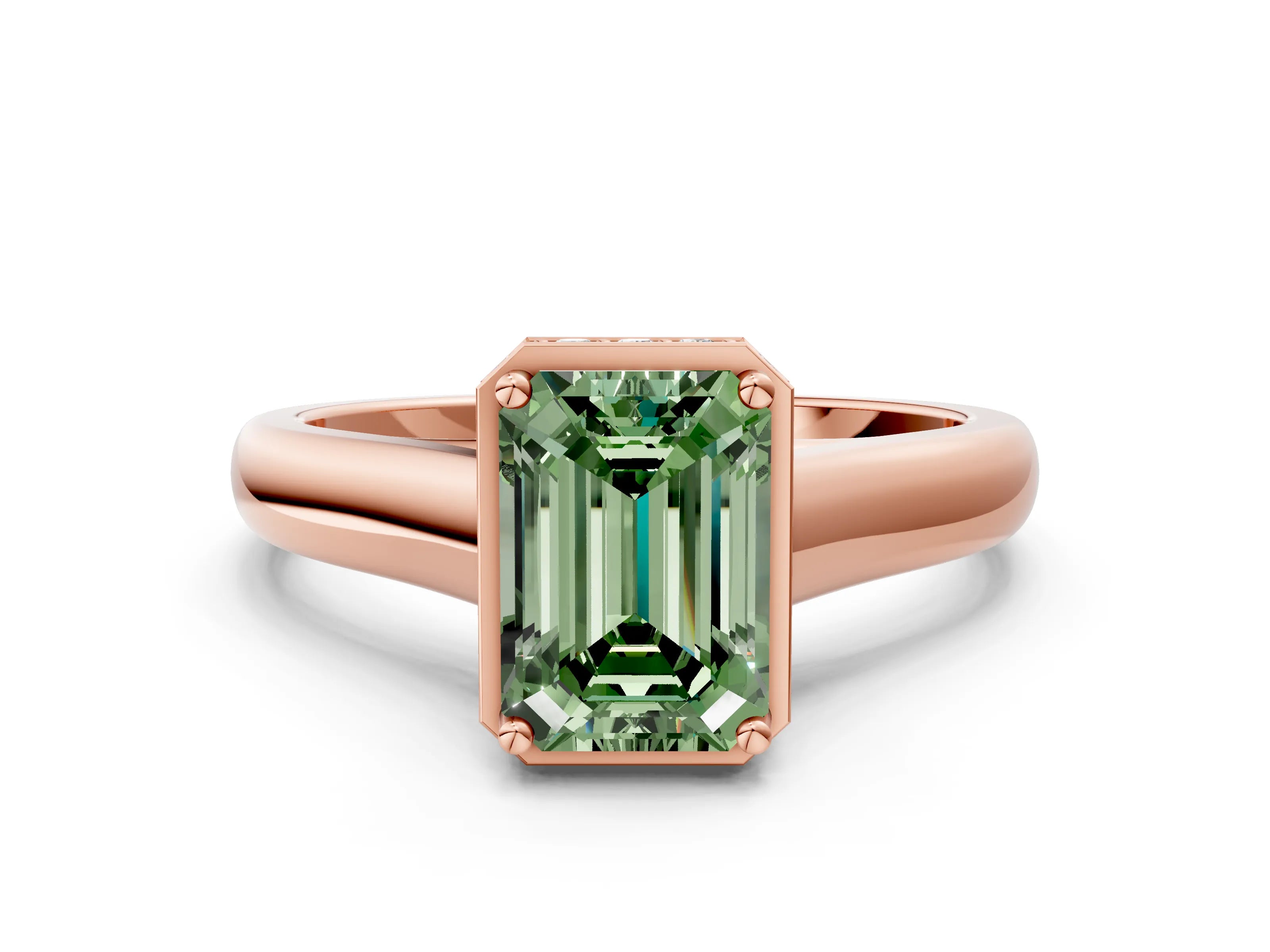 Rose gold Fancy Green Emerald Cut Solitaire Diamond Engagement Ring with Four-Prong Setting and Tapered Band