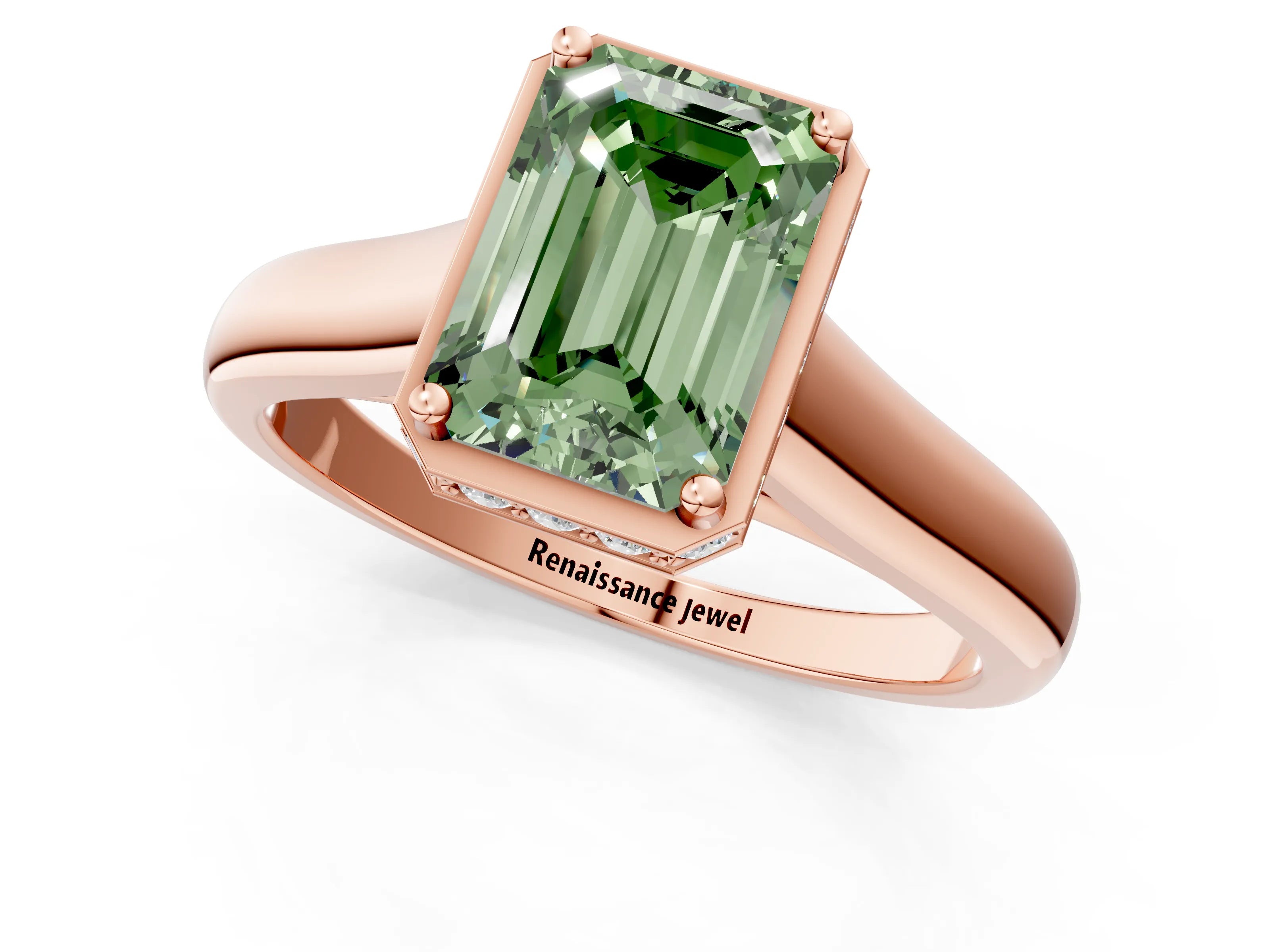 Rose gold Fancy Green Emerald Cut Solitaire Diamond Engagement Ring with Four-Prong Setting and Tapered Band_1