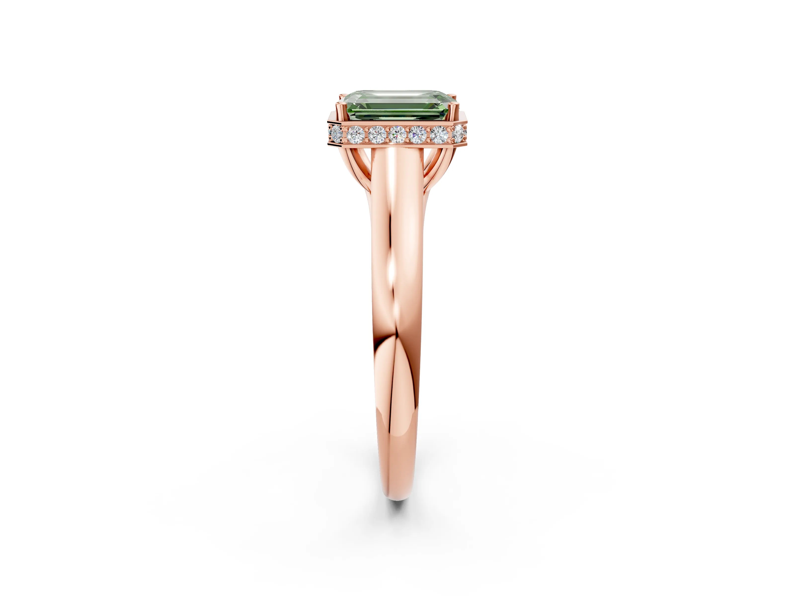 Rose gold Fancy Green Emerald Cut Solitaire Diamond Engagement Ring with Four-Prong Setting and Tapered Band_2