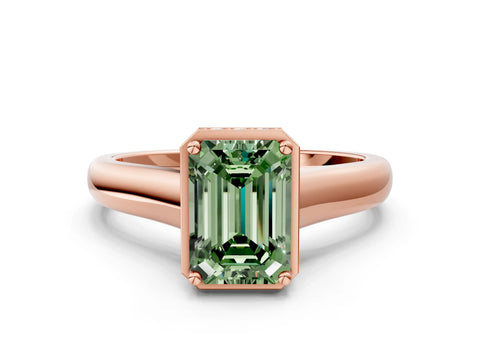 Rose gold Fancy Green Emerald Cut Solitaire Diamond Engagement Ring with Four-Prong Setting and Tapered Band