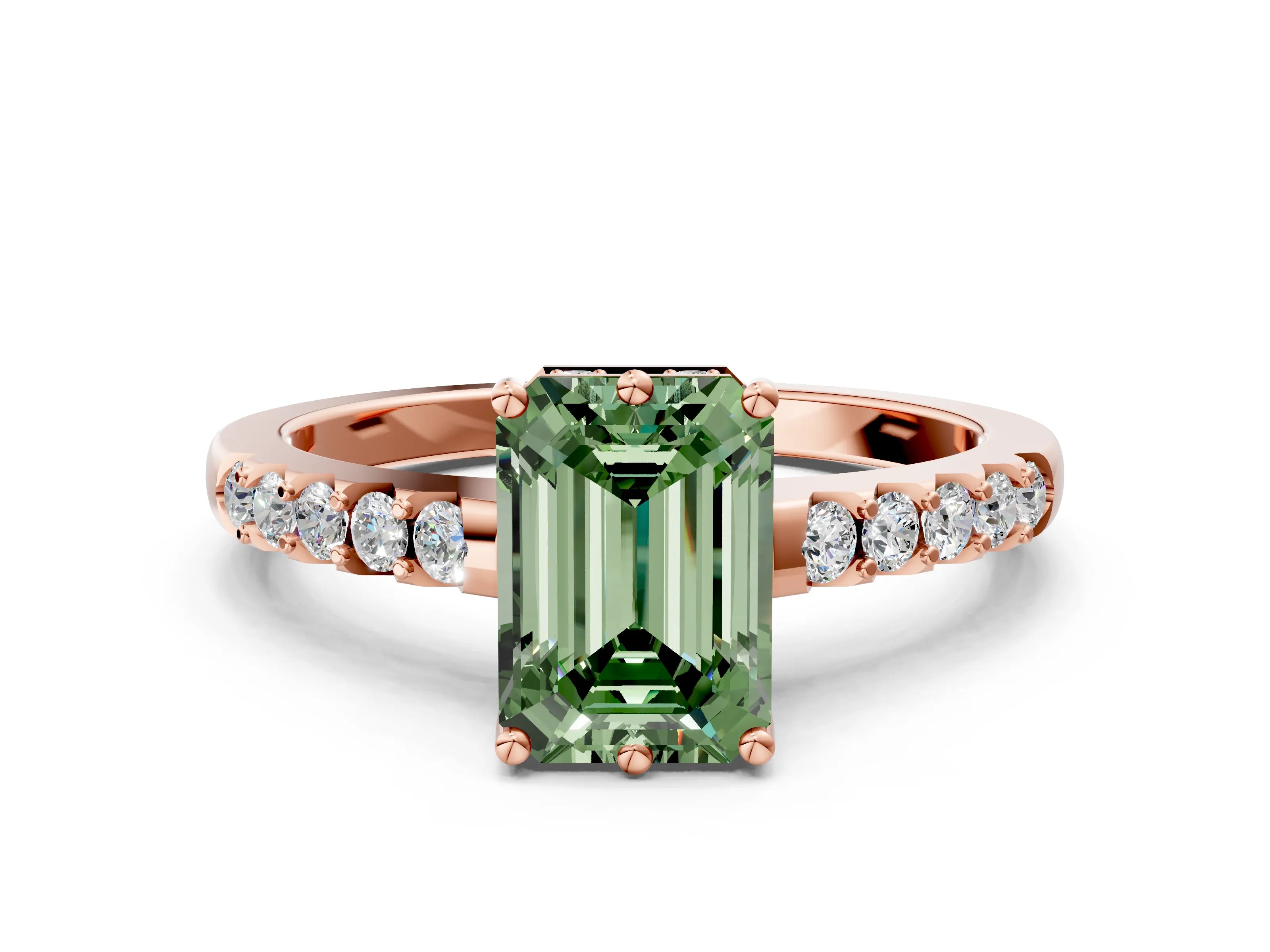 Rose gold Fancy Green Emerald Cut Solitaire Diamond Engagement Ring with Pavé Band and Six-Prong Setting_12