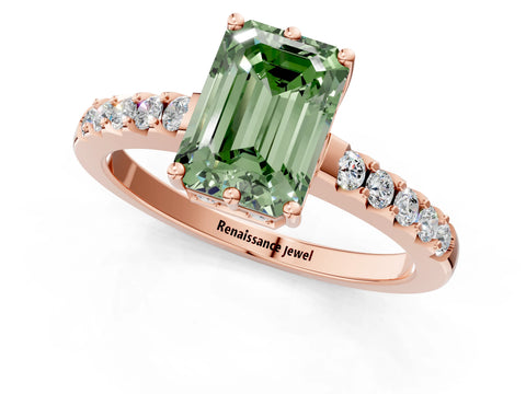 Rose gold Fancy Green Emerald Cut Solitaire Diamond Engagement Ring with Pavé Band and Six-Prong Setting_13