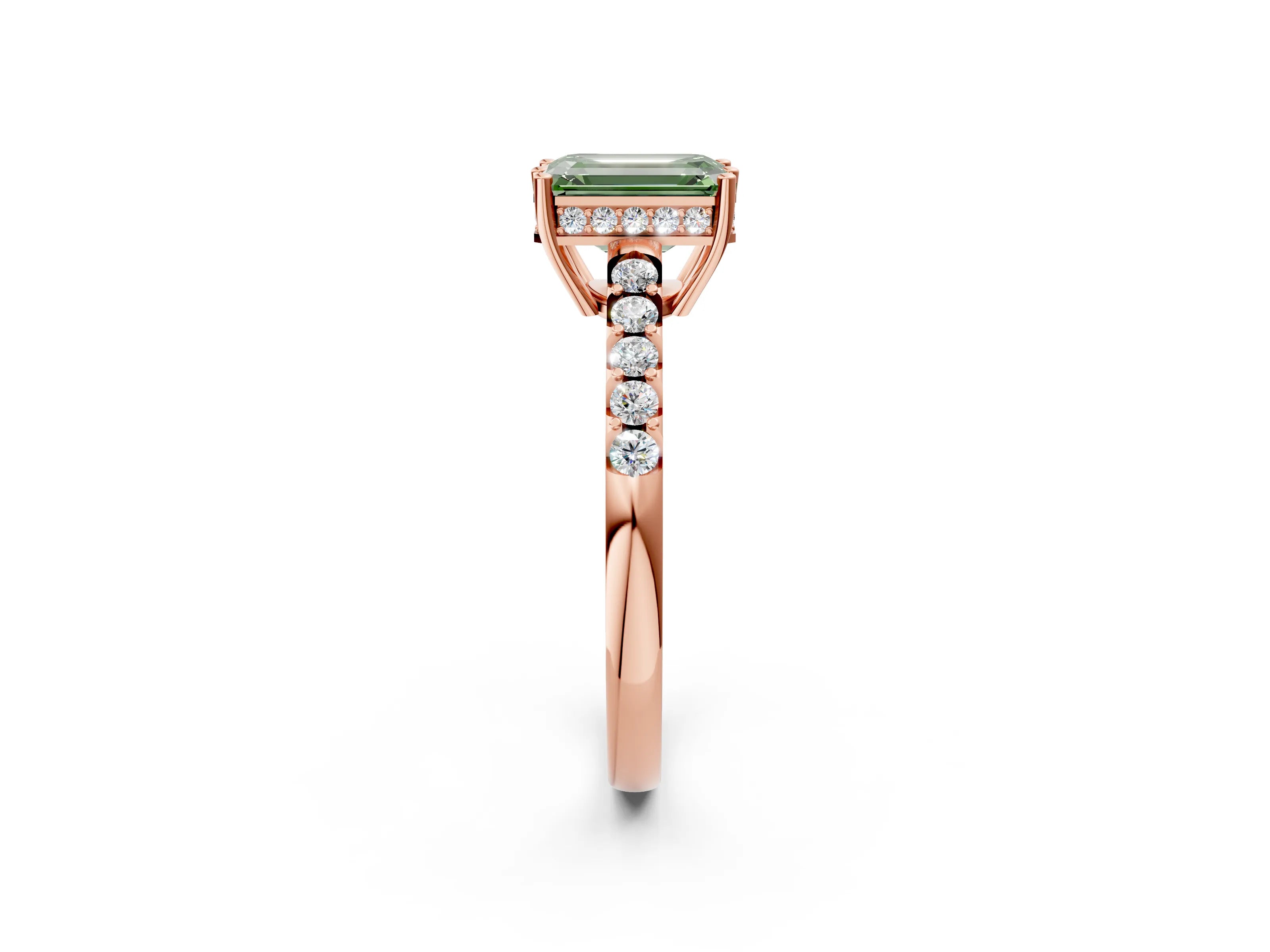 Rose gold Fancy Green Emerald Cut Solitaire Diamond Engagement Ring with Pavé Band and Six-Prong Setting_14