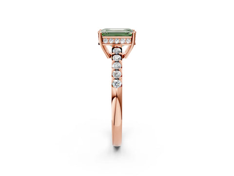 Rose gold Fancy Green Emerald Cut Solitaire Diamond Engagement Ring with Pavé Band and Six-Prong Setting_14