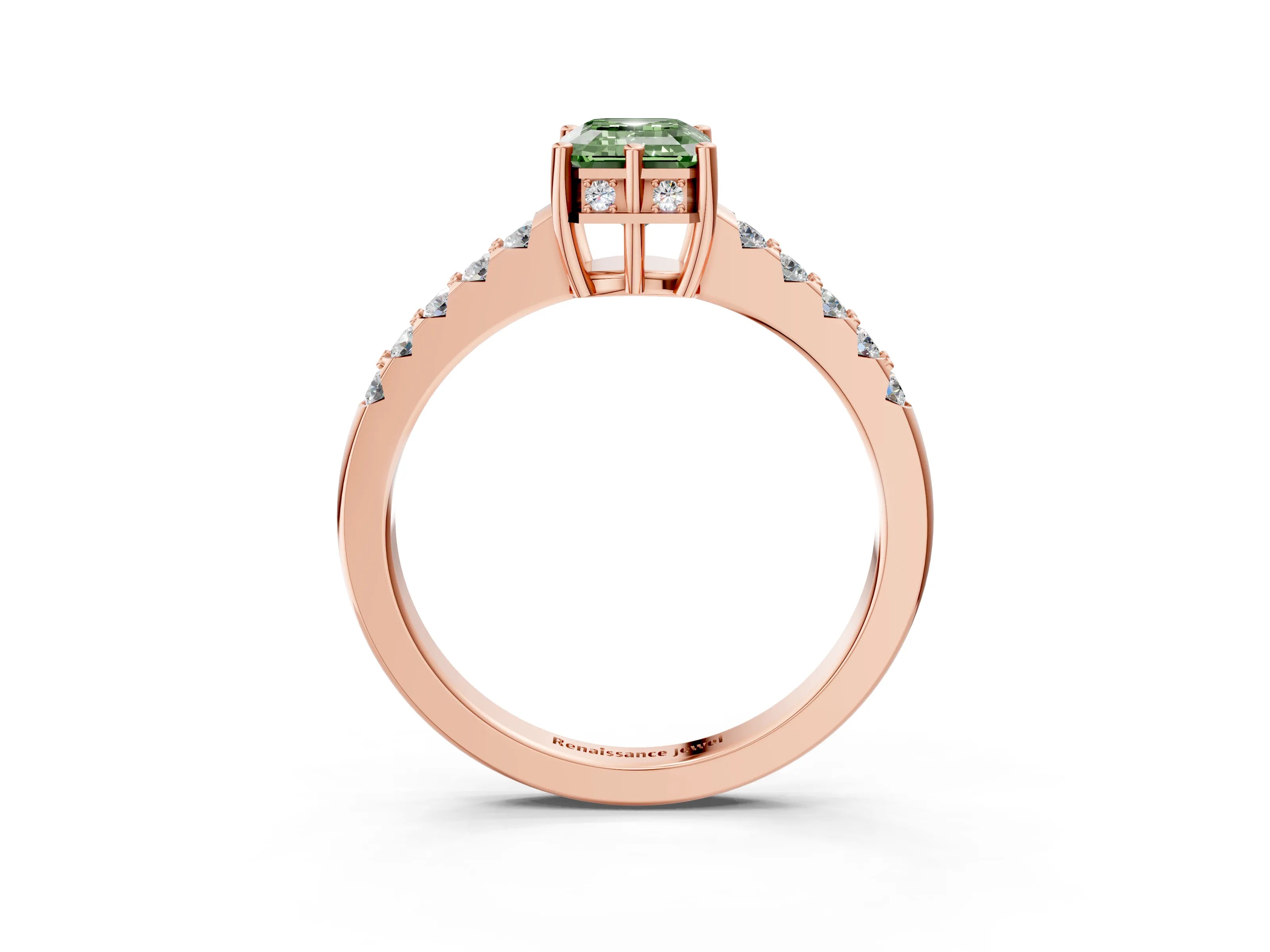 Rose gold Fancy Green Emerald Cut Solitaire Diamond Engagement Ring with Pavé Band and Six-Prong Setting_15