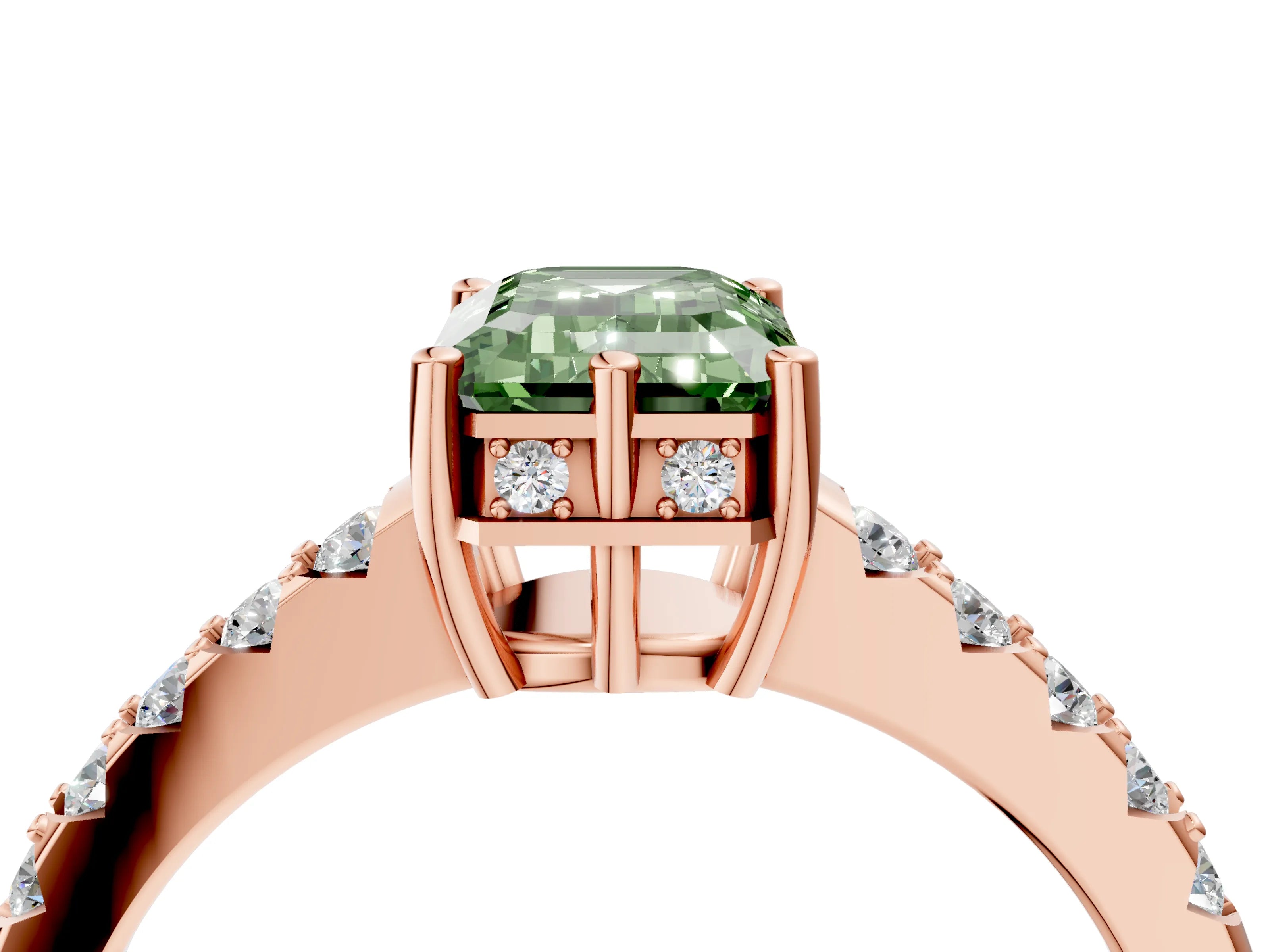 Rose gold Fancy Green Emerald Cut Solitaire Diamond Engagement Ring with Pavé Band and Six-Prong Setting_16