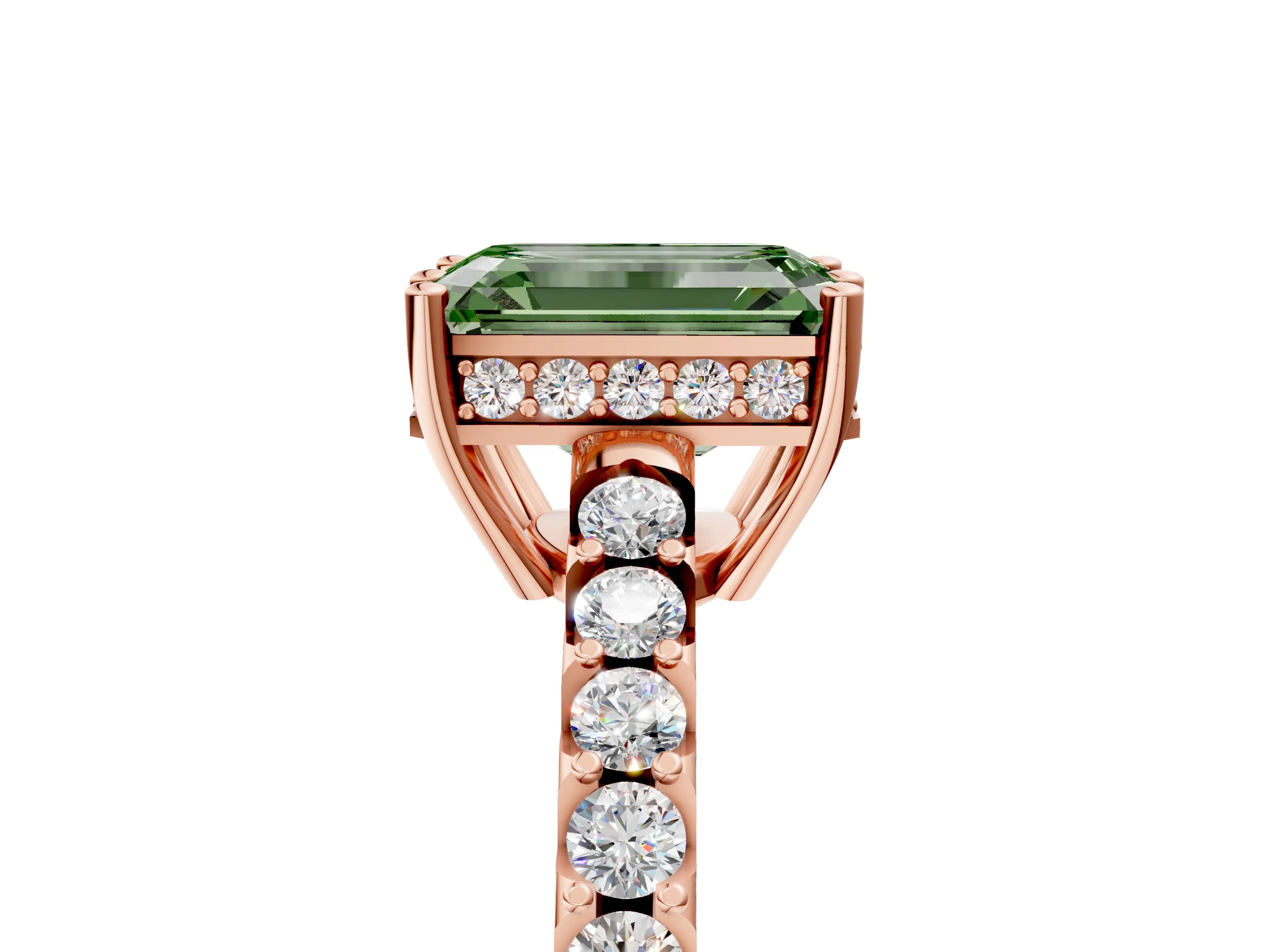 Rose gold Fancy Green Emerald Cut Solitaire Diamond Engagement Ring with Pavé Band and Six-Prong Setting_17
