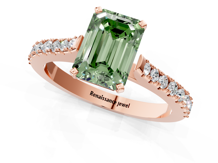 Rose gold Fancy Green Emerald  Cut Solitaire Diamond Engagement Ring with Pave Band and Four-Prong Setting