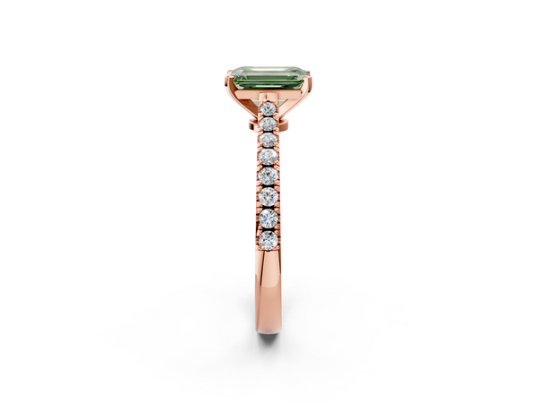 Rose gold Fancy Green Emerald  Cut Solitaire Diamond Engagement Ring with Pave Band and Four-Prong Setting