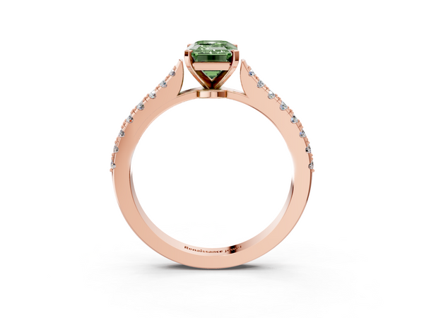Rose gold Fancy Green Emerald  Cut Solitaire Diamond Engagement Ring with Pave Band and Four-Prong Setting