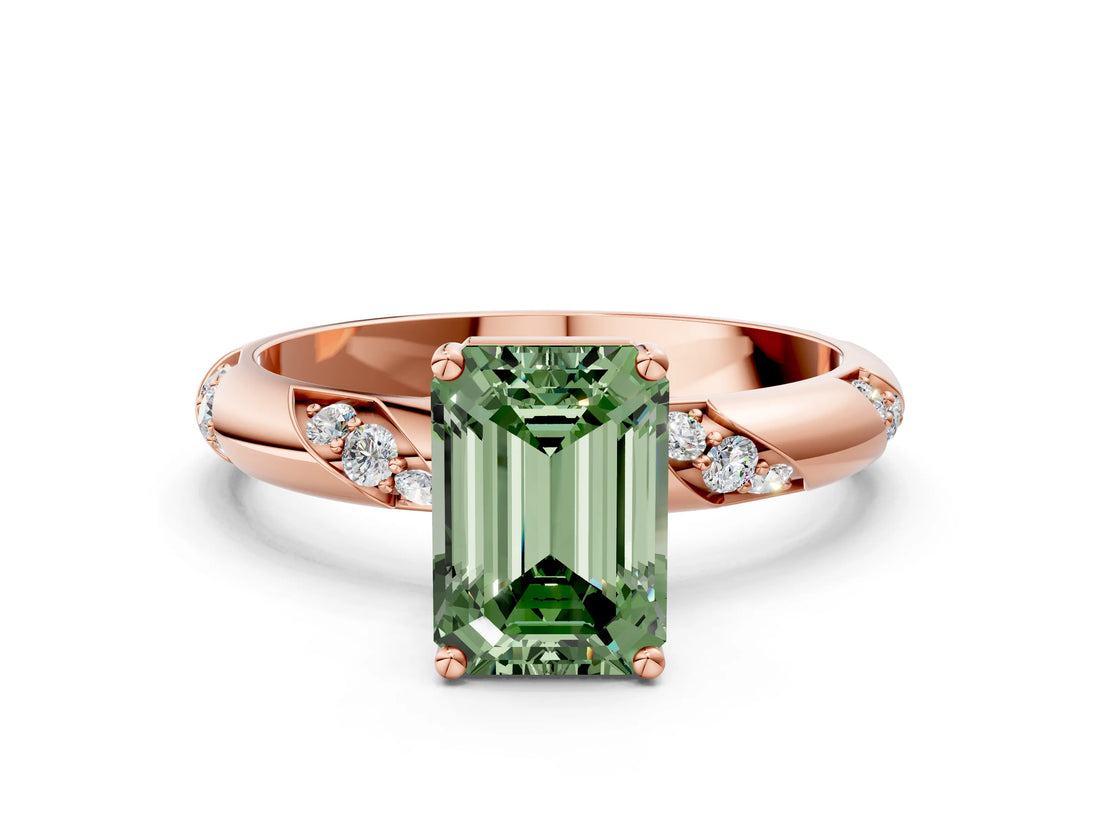Rose gold Fancy Green Emerald Cut Solitaire Diamond Engagement Ring with Twisted Pave Band and Four-Prong Setting_3