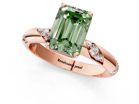 Rose gold Fancy Green Emerald Cut Solitaire Diamond Engagement Ring with Twisted Pave Band and Four-Prong Setting_4