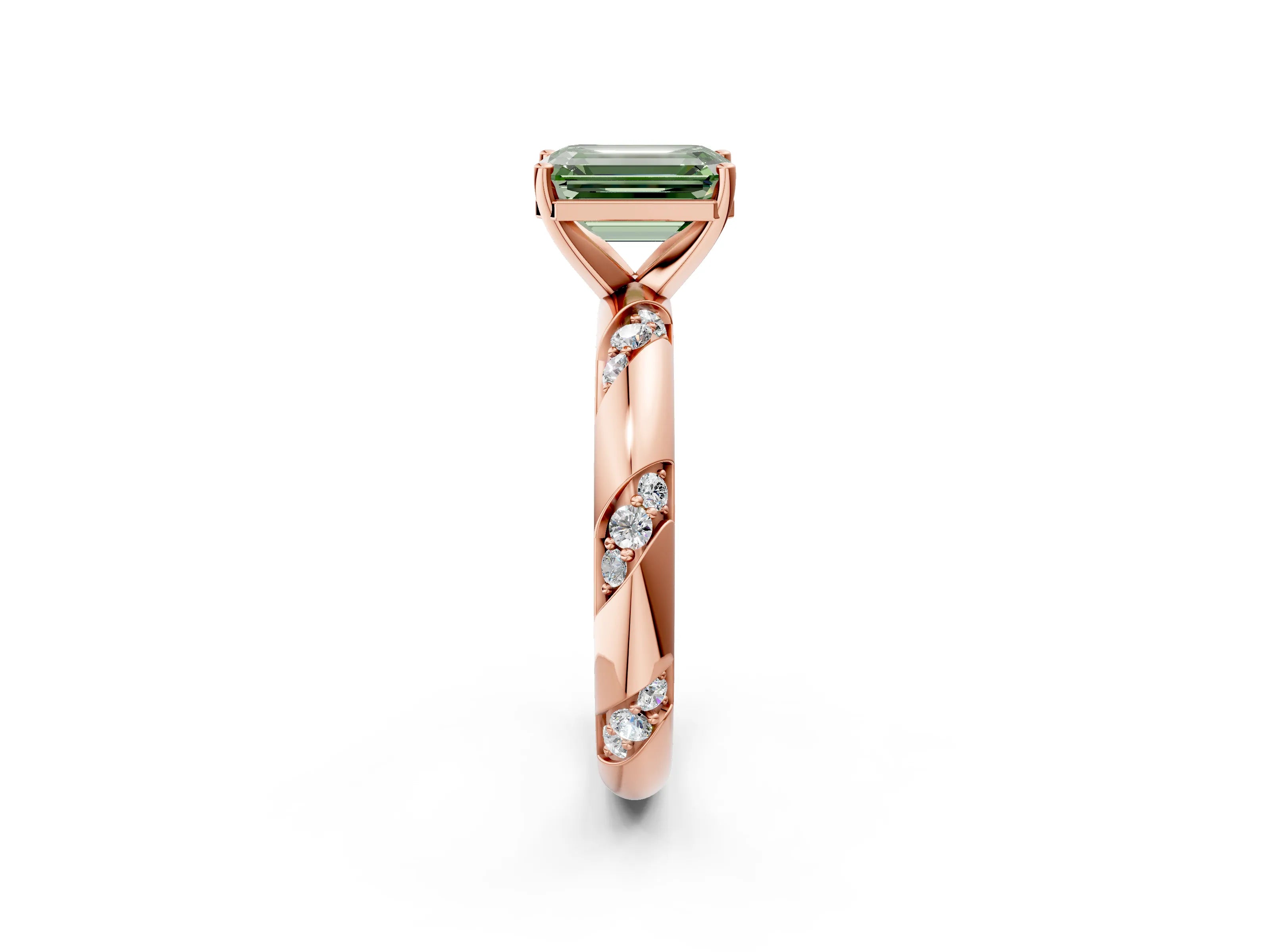 Rose gold Fancy Green Emerald Cut Solitaire Diamond Engagement Ring with Twisted Pave Band and Four-Prong Setting_5