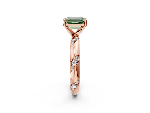 Rose gold Fancy Green Emerald Cut Solitaire Diamond Engagement Ring with Twisted Pave Band and Four-Prong Setting_5