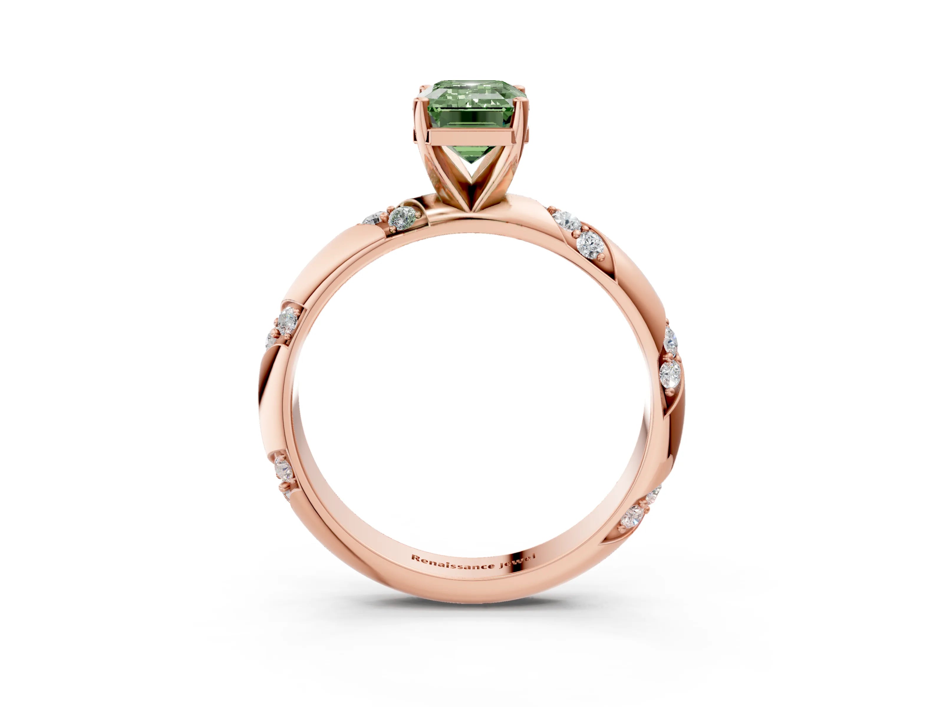 Rose gold Fancy Green Emerald Cut Solitaire Diamond Engagement Ring with Twisted Pave Band and Four-Prong Setting_6