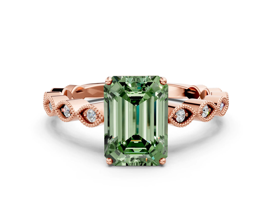Rose gold Fancy Green Emerald Cut Solitaire Diamond Ring with Infinity Twist Band and Four-Prong Setting