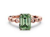 Rose gold Fancy Green Emerald Cut Solitaire Diamond Ring with Infinity Twist Band and Four-Prong Setting