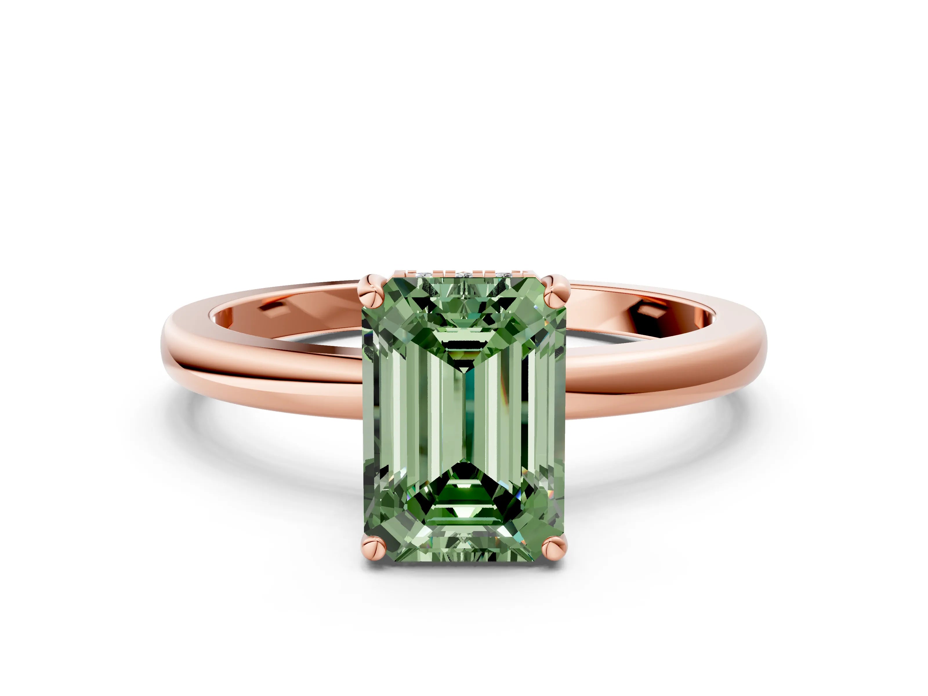 Rose gold Fancy Green Emerald Cut Solitaire Diamond Ring with Prong Setting and Plain Band