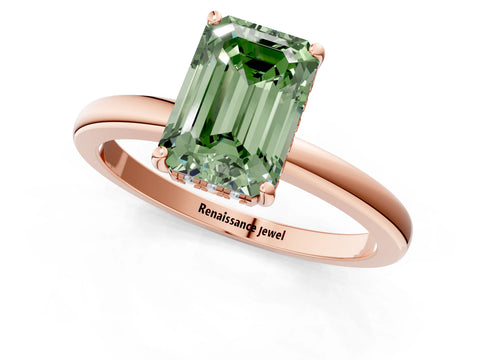 Rose gold Fancy Green Emerald Cut Solitaire Diamond Ring with Prong Setting and Plain Band_1