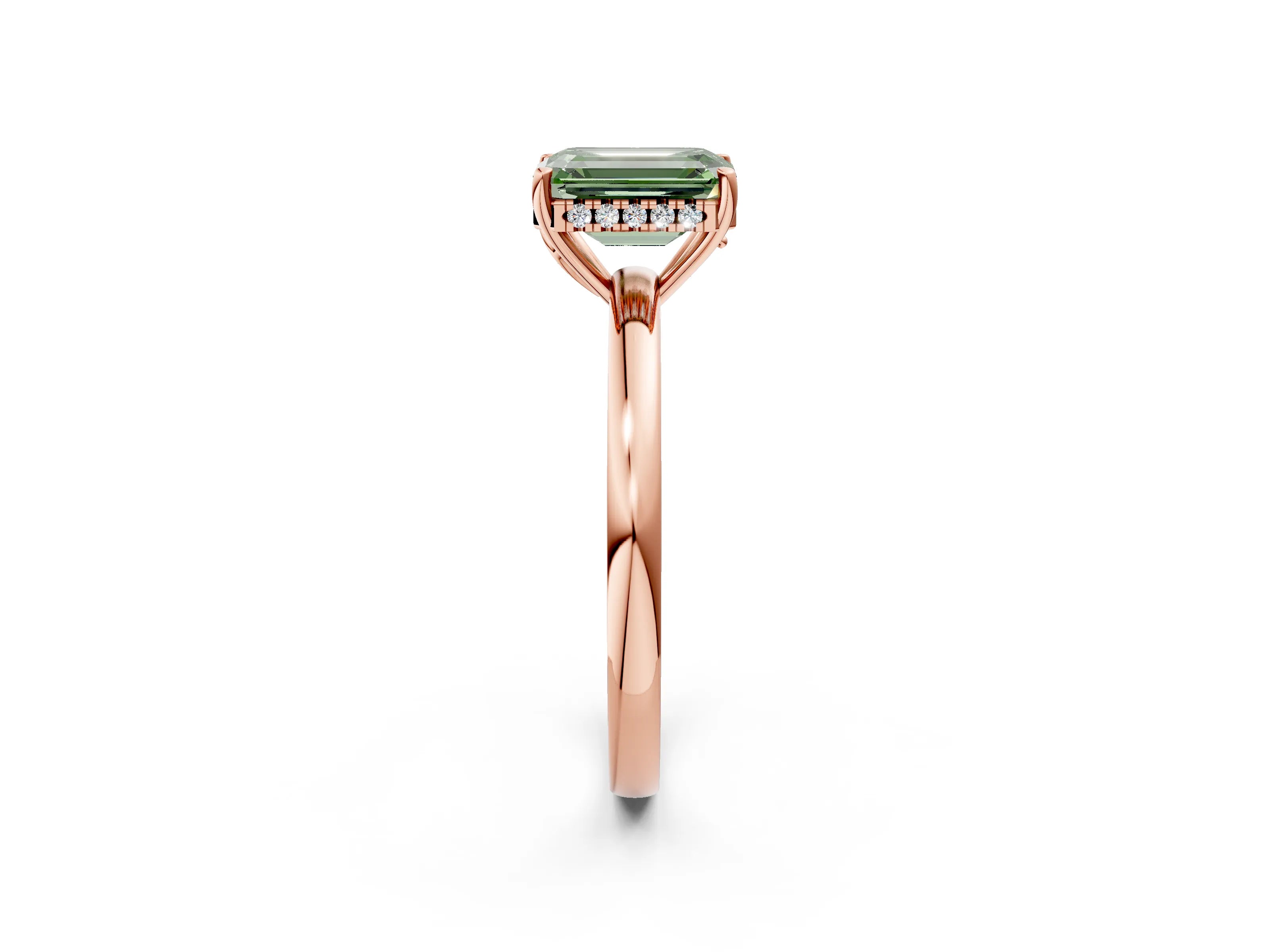 Rose gold Fancy Green Emerald Cut Solitaire Diamond Ring with Prong Setting and Plain Band_2