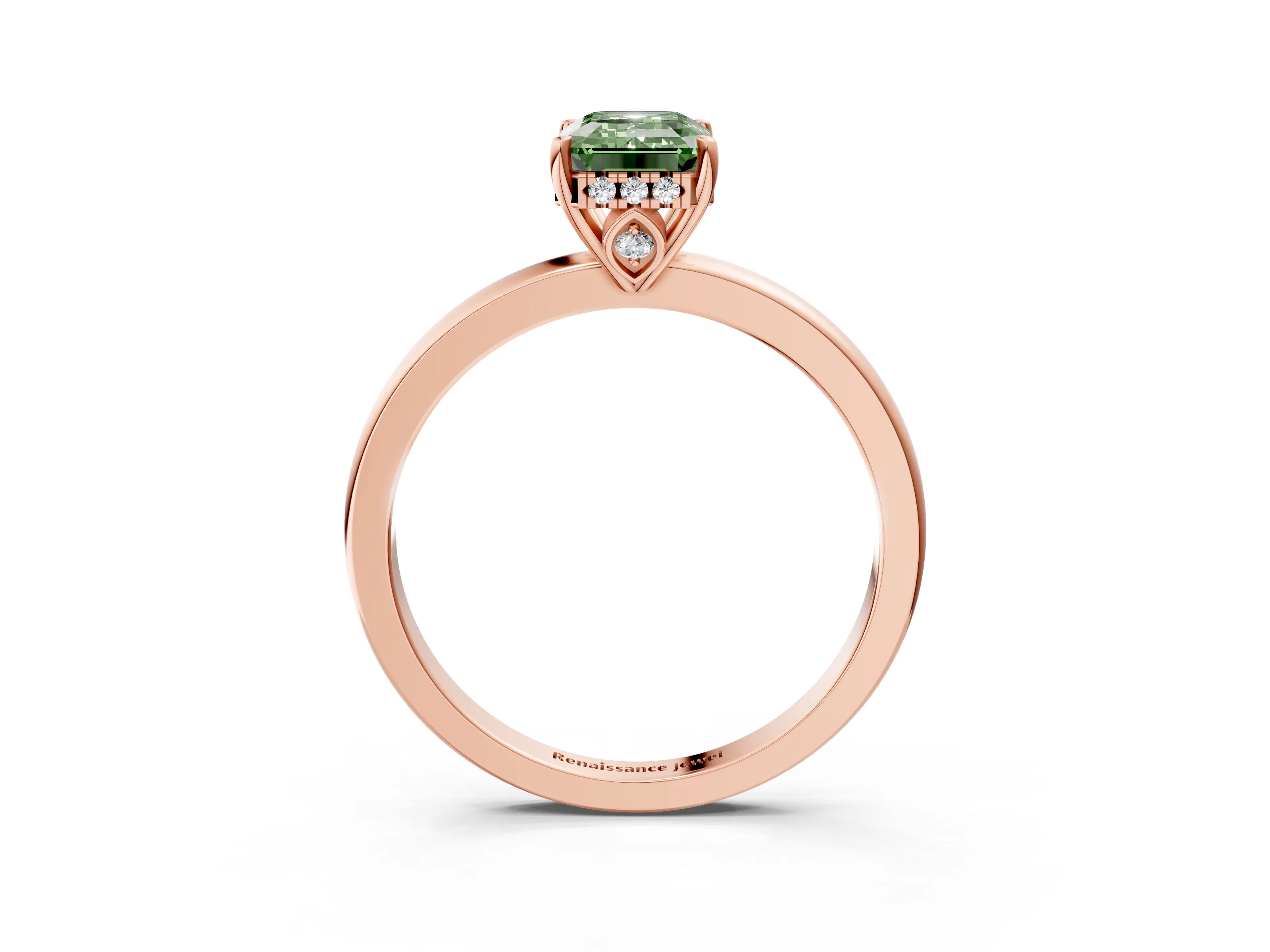 Rose gold Fancy Green Emerald Cut Solitaire Diamond Ring with Prong Setting and Plain Band_3