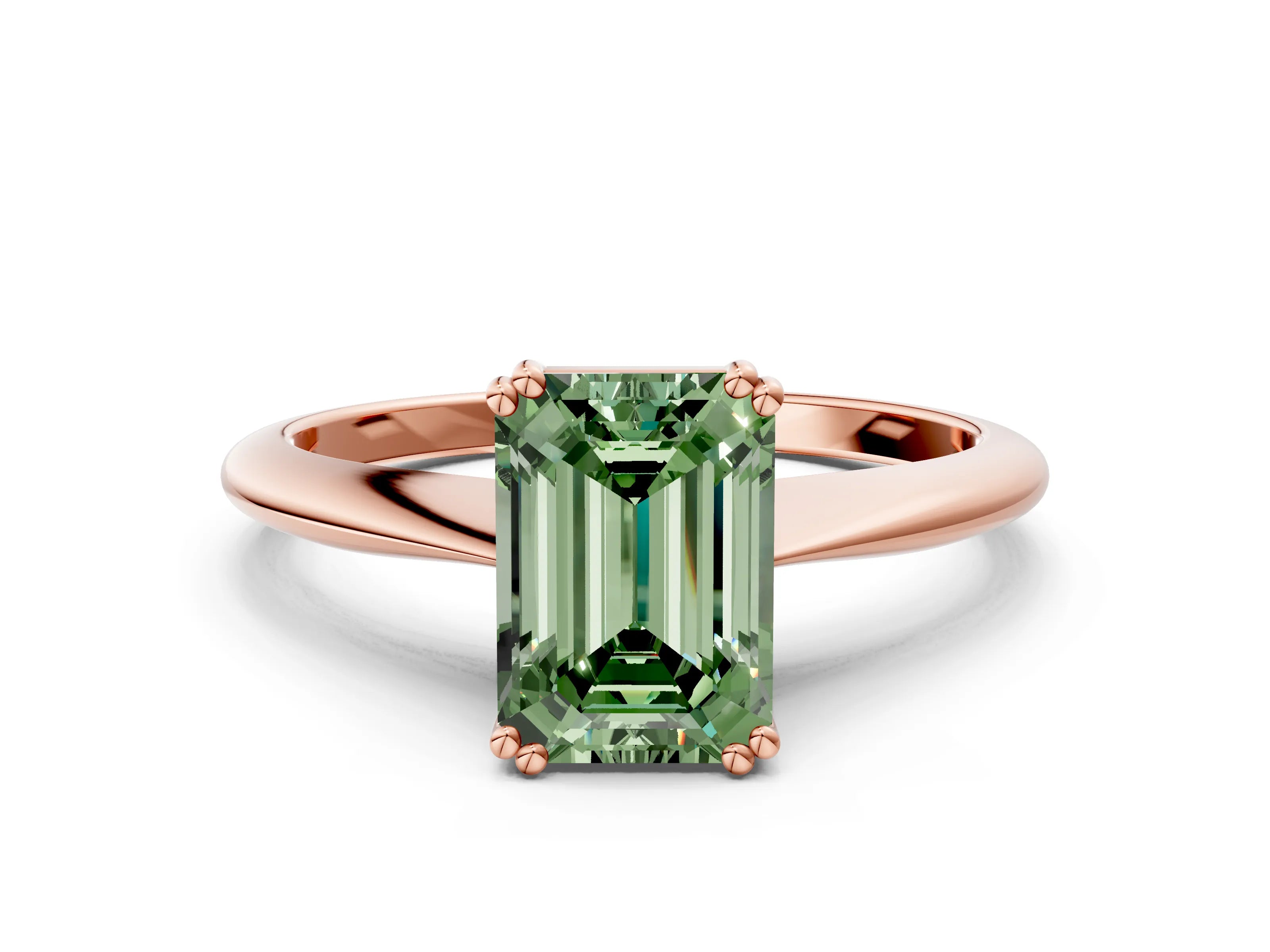 Rose gold Fancy Green Emerald Cut Solitaire Diamond Ring with Six-Prong Setting and Classic Band