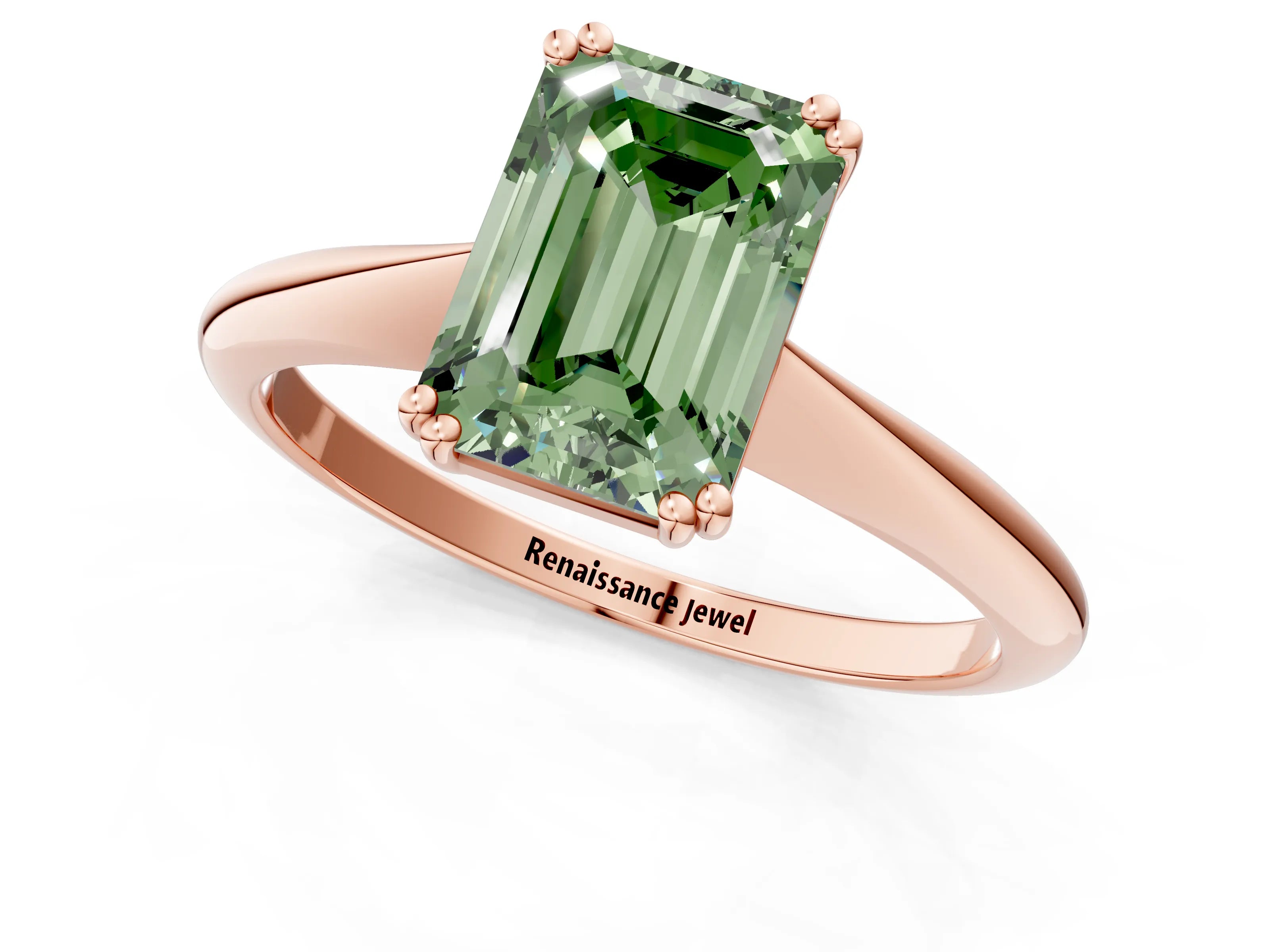 Rose gold Fancy Green Emerald Cut Solitaire Diamond Ring with Six-Prong Setting and Classic Band_1