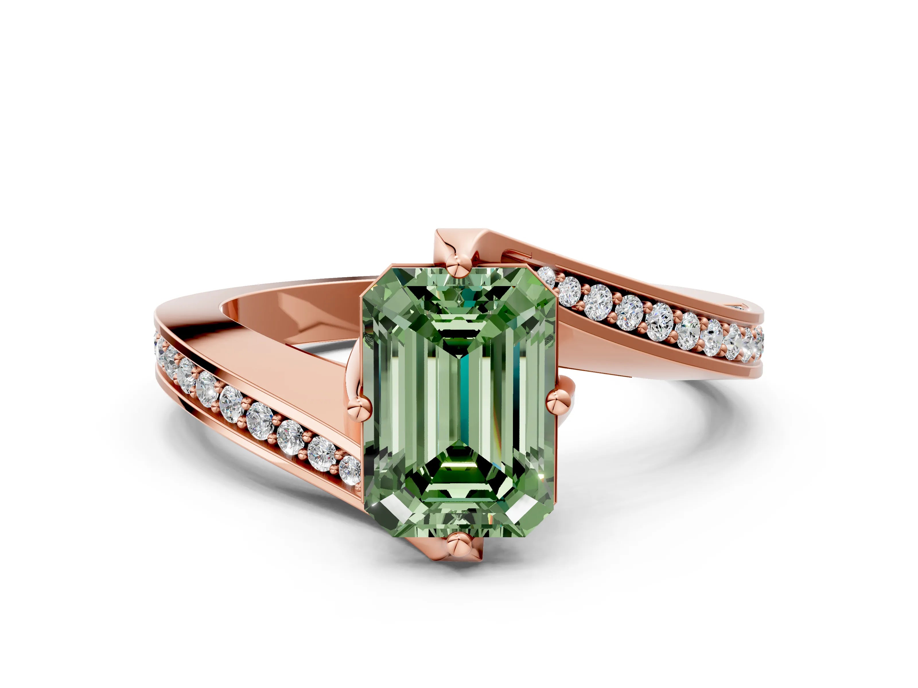 Rose gold Fancy Green Emerald Cut Solitaire Diamond Twist Band with Pavé Setting and Four-Prong Setting