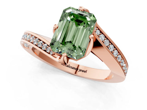 Rose gold Fancy Green Emerald Cut Solitaire Diamond Twist Band with Pavé Setting and Four-Prong Setting_1