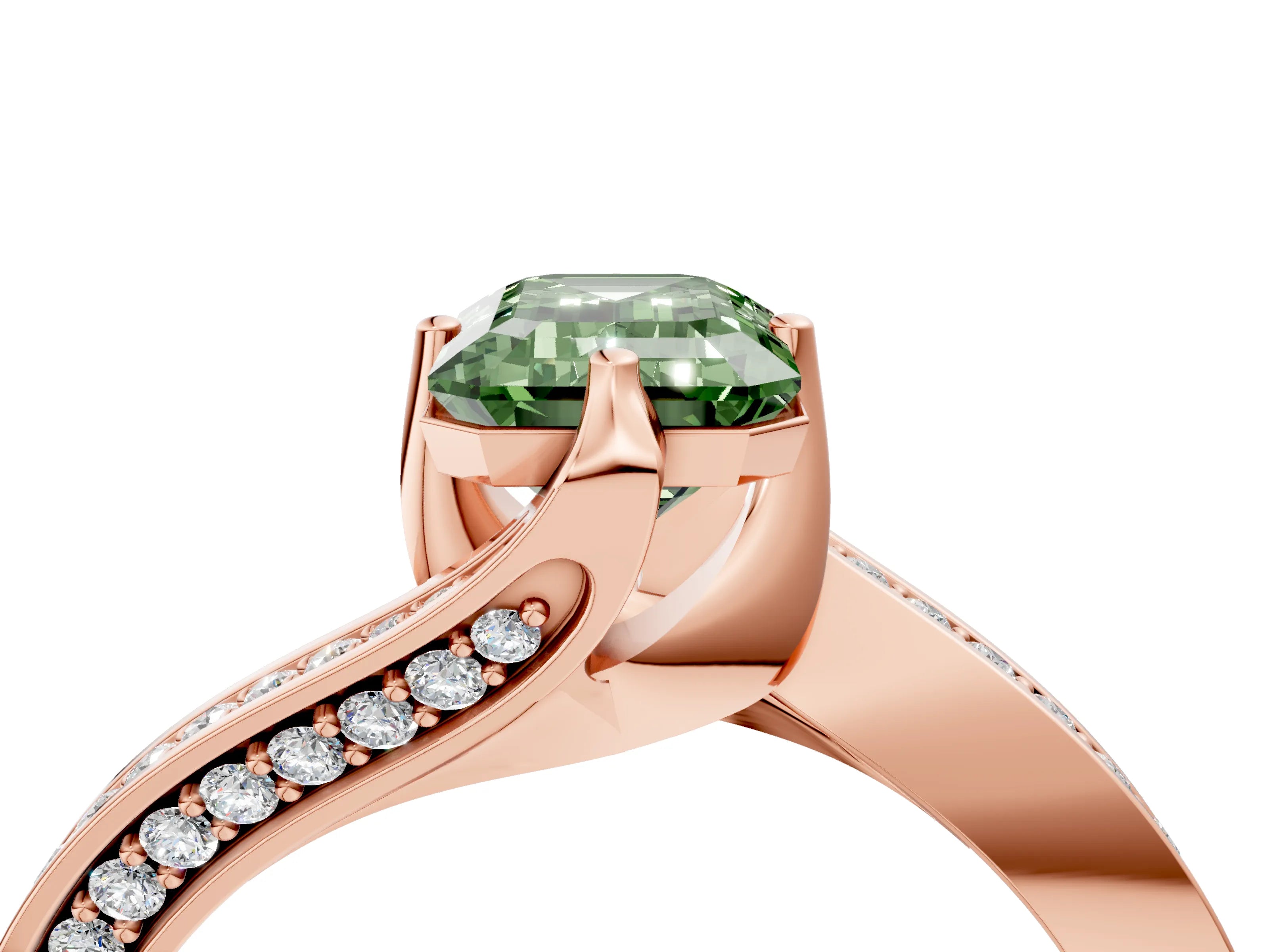 Rose gold Fancy Green Emerald Cut Solitaire Diamond Twist Band with Pavé Setting and Four-Prong Setting_4