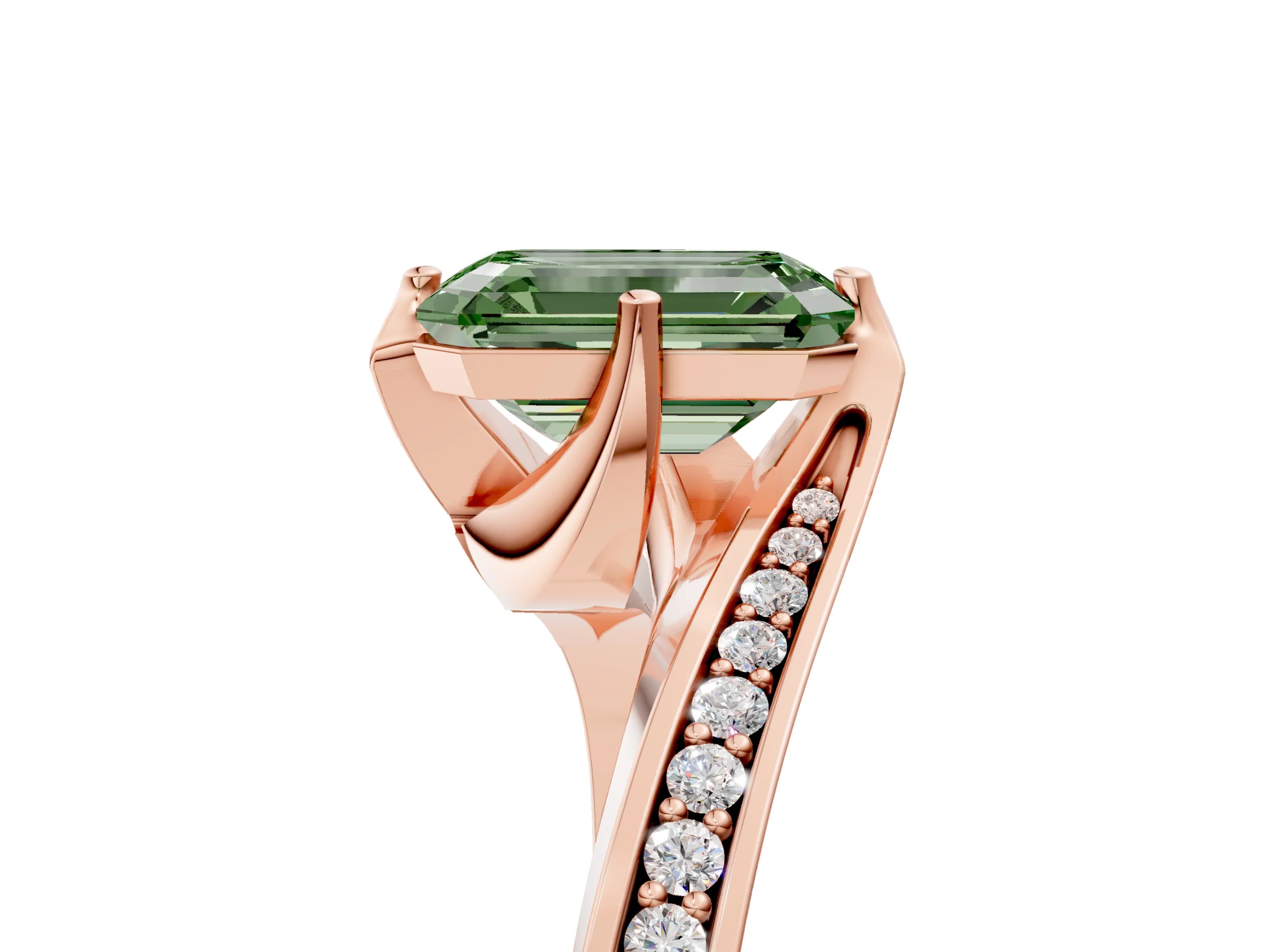Rose gold Fancy Green Emerald Cut Solitaire Diamond Twist Band with Pavé Setting and Four-Prong Setting_5