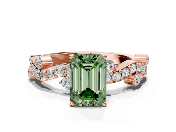 Rose gold Fancy Green Emerald  Cut Solitaire Diamond Twisted Band with Pave Setting