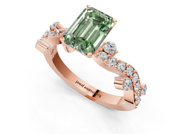 Rose gold Fancy Green Emerald  Cut Solitaire Diamond Twisted Band with Pave Setting