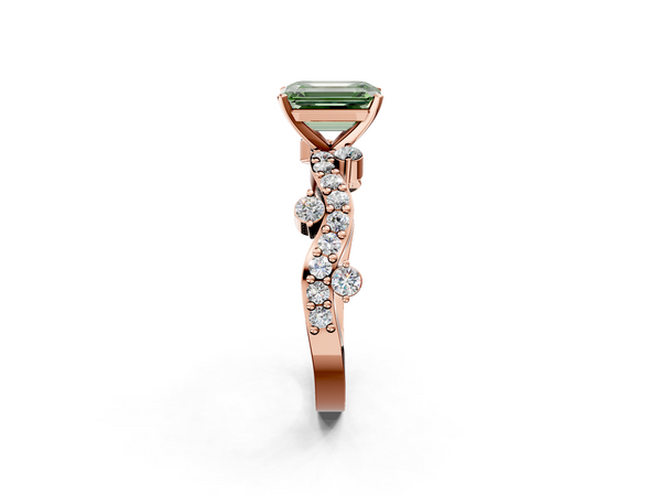 Rose gold Fancy Green Emerald  Cut Solitaire Diamond Twisted Band with Pave Setting