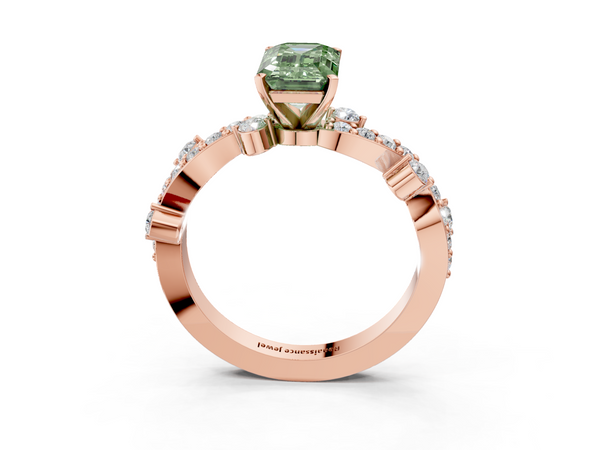 Rose gold Fancy Green Emerald  Cut Solitaire Diamond Twisted Band with Pave Setting