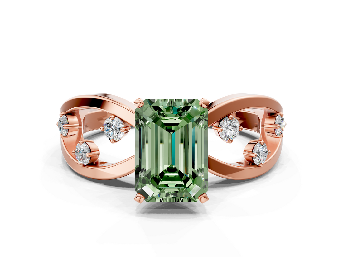 Rose gold Fancy Green Emerald  Cut Solitaire Diamond with Side Stones on Criss-Cross Band and Four-Prong Setting_3