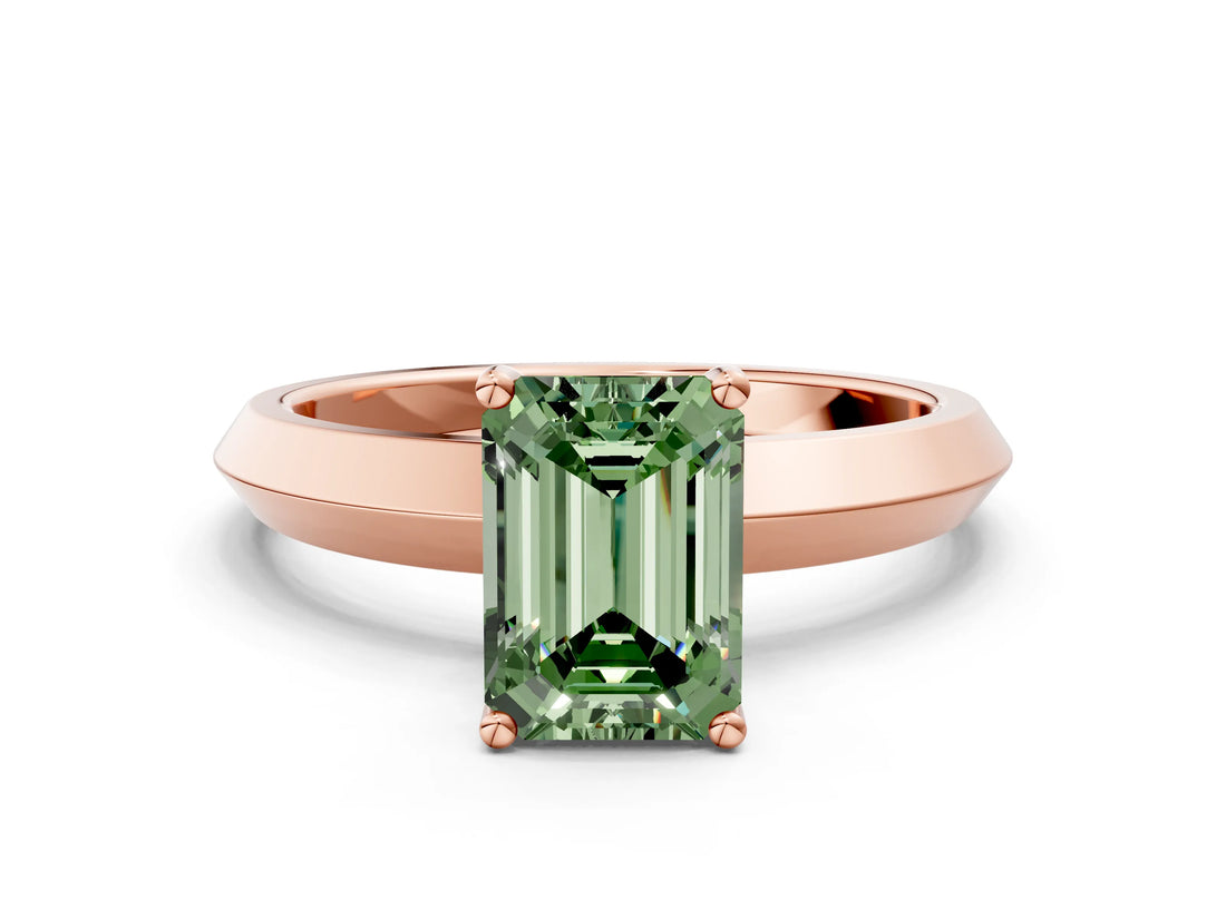 Rose gold Fancy Green Emerald  Cut Solitaire Engagement Ring with Flat Band and Four-Prong Setting 1