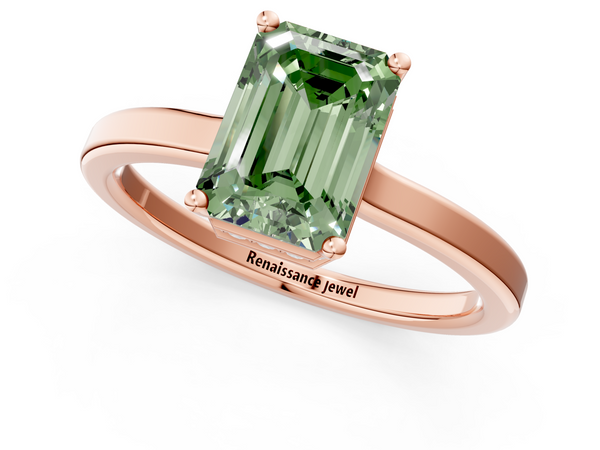 Rose gold Fancy Green Emerald  Cut Solitaire Engagement Ring with Four-Prong Setting on a Classic Band