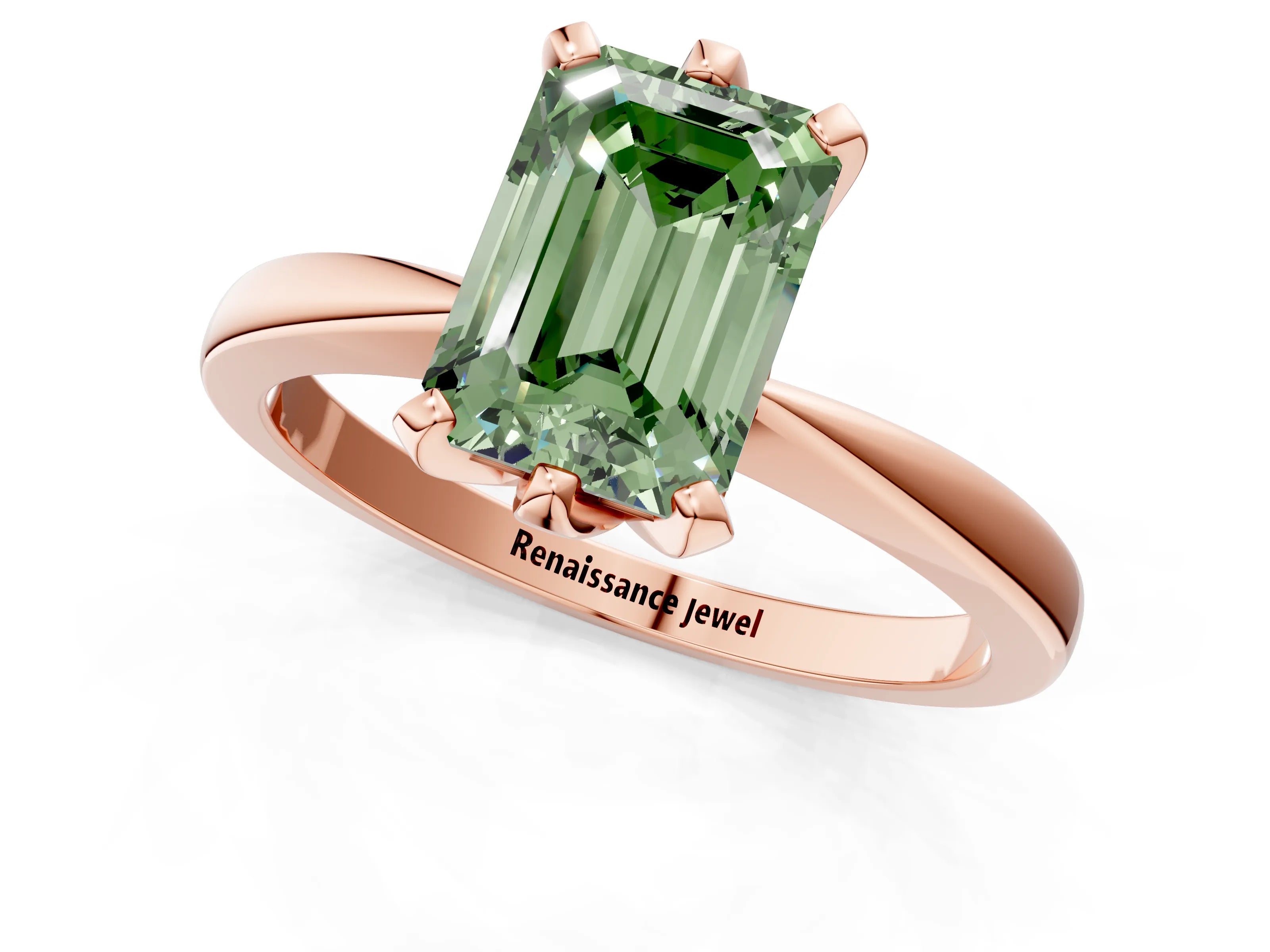 Rose gold Fancy Green Emerald Cut Solitaire Engagement Ring with Six-Prong Setting and Tapered Band_1
