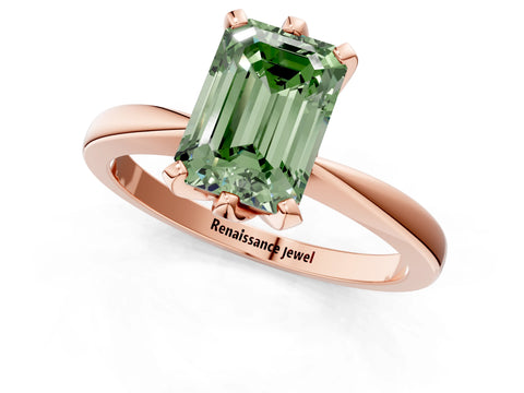 Rose gold Fancy Green Emerald Cut Solitaire Engagement Ring with Six-Prong Setting and Tapered Band_1