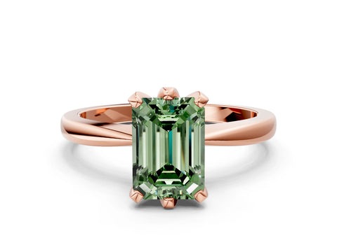 Rose gold Fancy Green Emerald Cut Solitaire Engagement Ring with Six-Prong Setting and Tapered Band