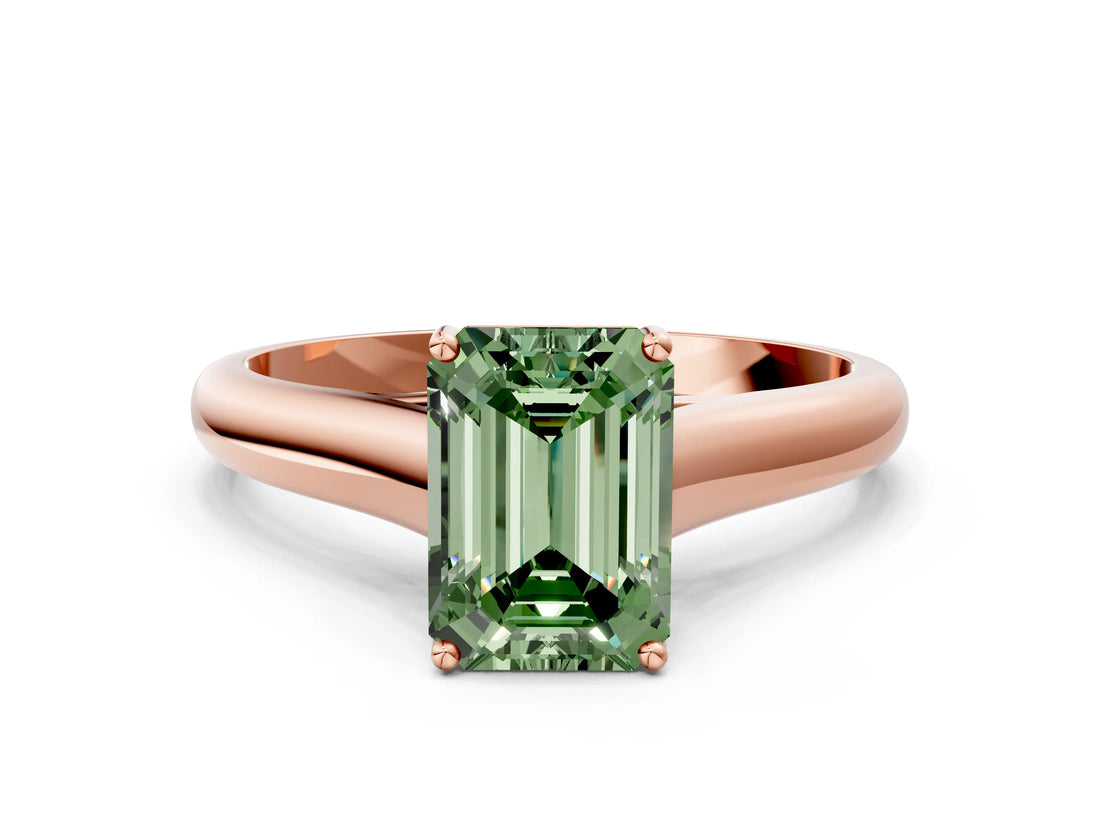 Rose gold Fancy Green Emerald Cut Solitaire Engagement Ring with Tapered Band and Four-Prong Setting_3