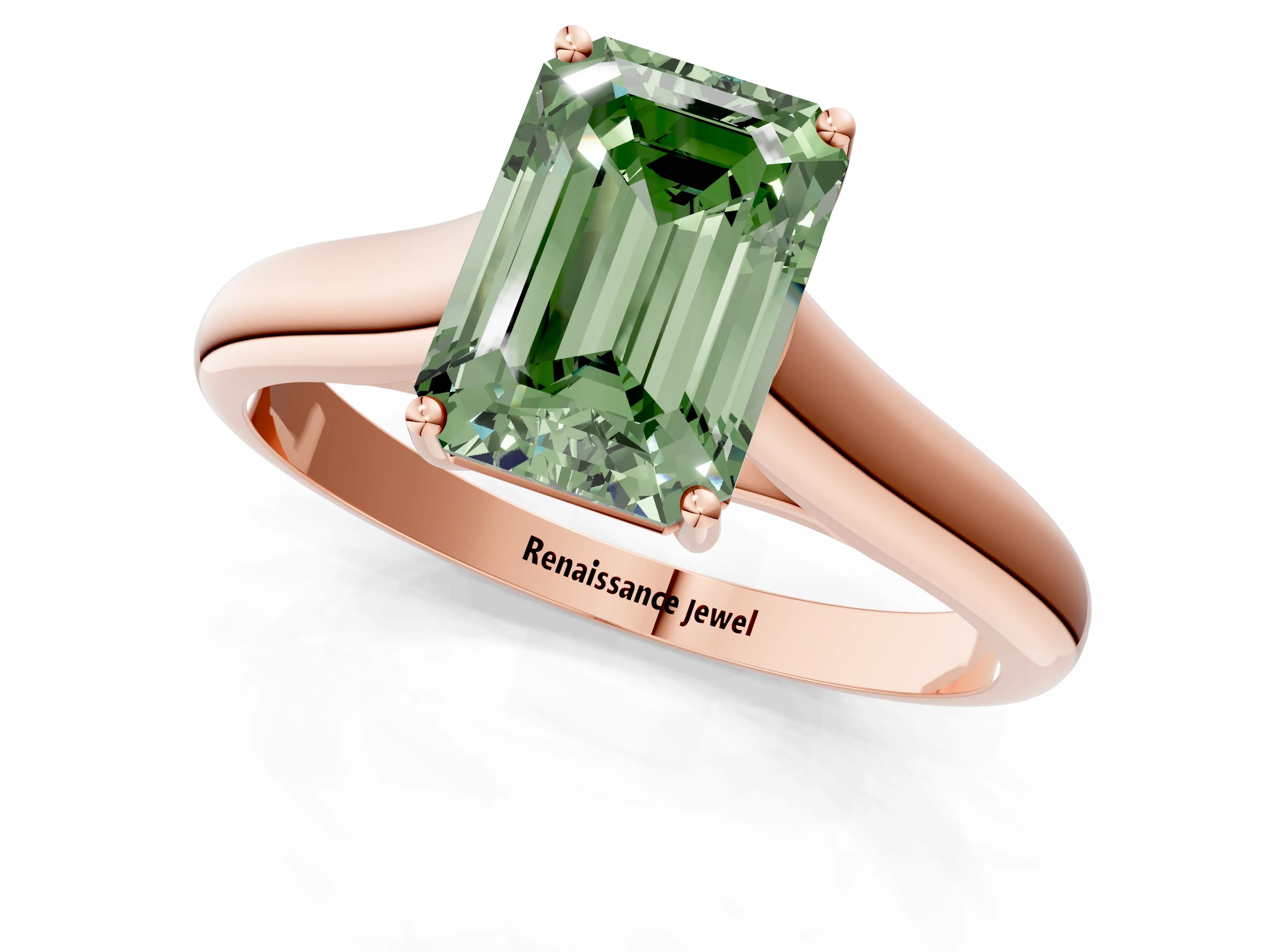 Rose gold Fancy Green Emerald Cut Solitaire Engagement Ring with Tapered Band and Four-Prong Setting_4
