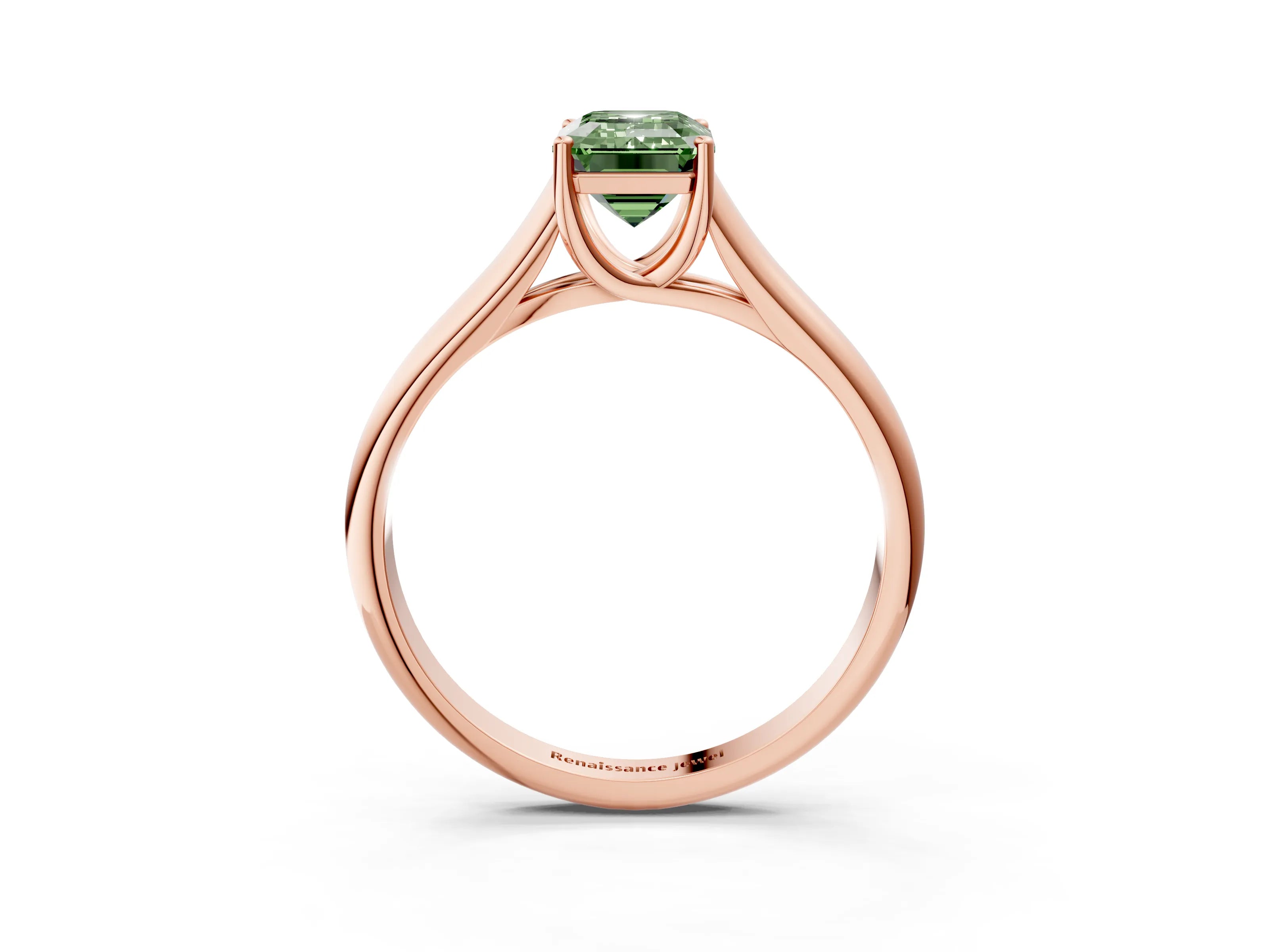 Rose gold Fancy Green Emerald Cut Solitaire Engagement Ring with Tapered Band and Four-Prong Setting_6