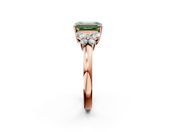 Rose gold Fancy Green Emerald  Cut Solitaire Floral Diamond Ring with Four-Prong Setting