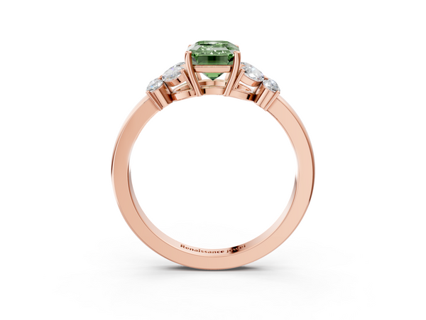 Rose gold Fancy Green Emerald  Cut Solitaire Floral Diamond Ring with Four-Prong Setting