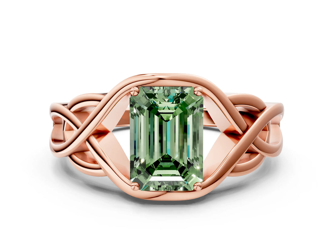 Rose gold Fancy Green Emerald Cut Solitaire Intertwined Band Prong Setting Ring